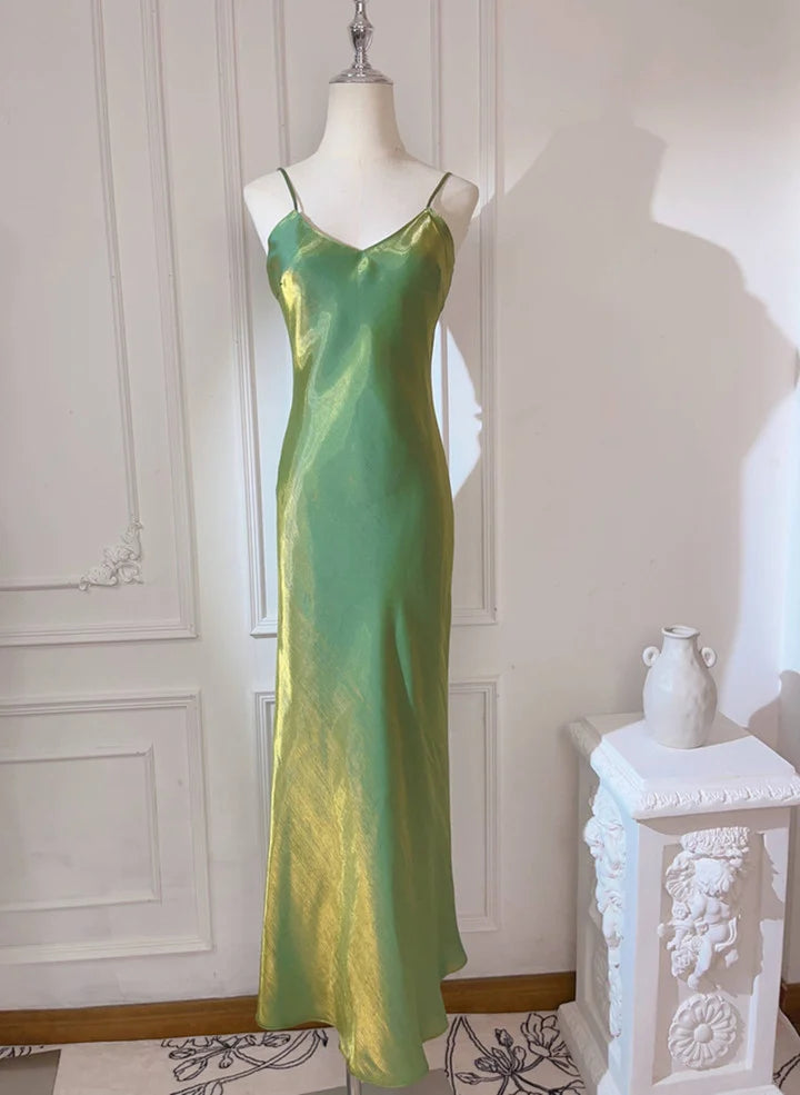 Pretty Green Straps Long Formal DressGreen Satin Party Dress Evening Dress