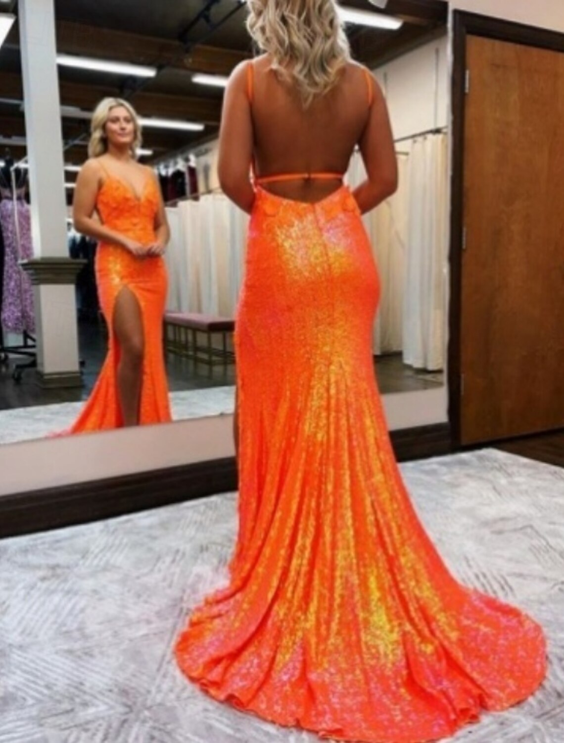 MermaidTrumpet Evening Gown Sparkle Dress Prom Birthday Court Train Sleeveless V Neck Sequined Backless V Back with Glitter Sequin Slit