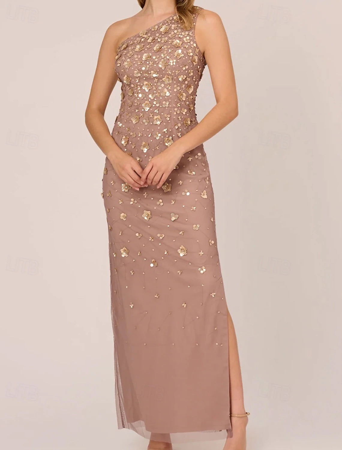 Sheath Column Beaded Gown Celebrity Style Dress Formal Wedding Guest Floor Length Sleeveless One Shoulder Chiffon with Flowers Beading Sequin Slit