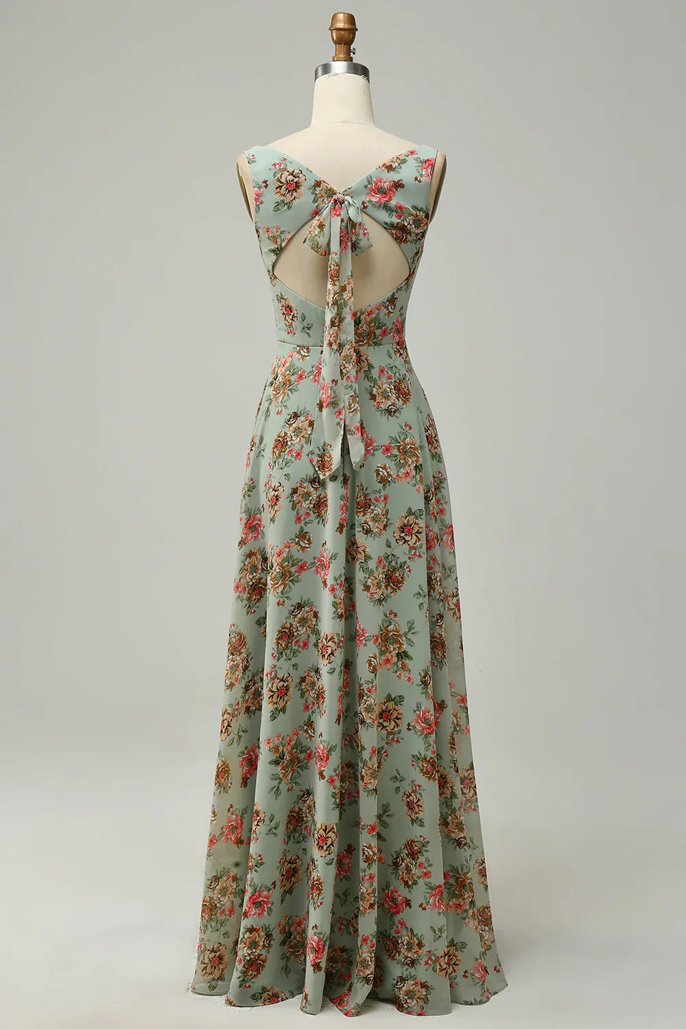 DingJiDress A Line Square Neck Green Floral Long Bridesmaid Dress with Open Back