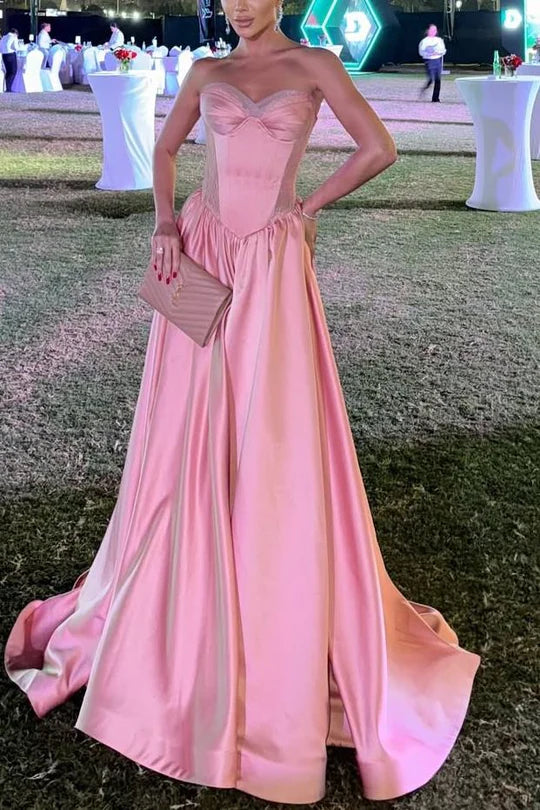 Pink Strapless Satin A-Line Empire-Waist Sleeveless Pleats Formal Prom Dress