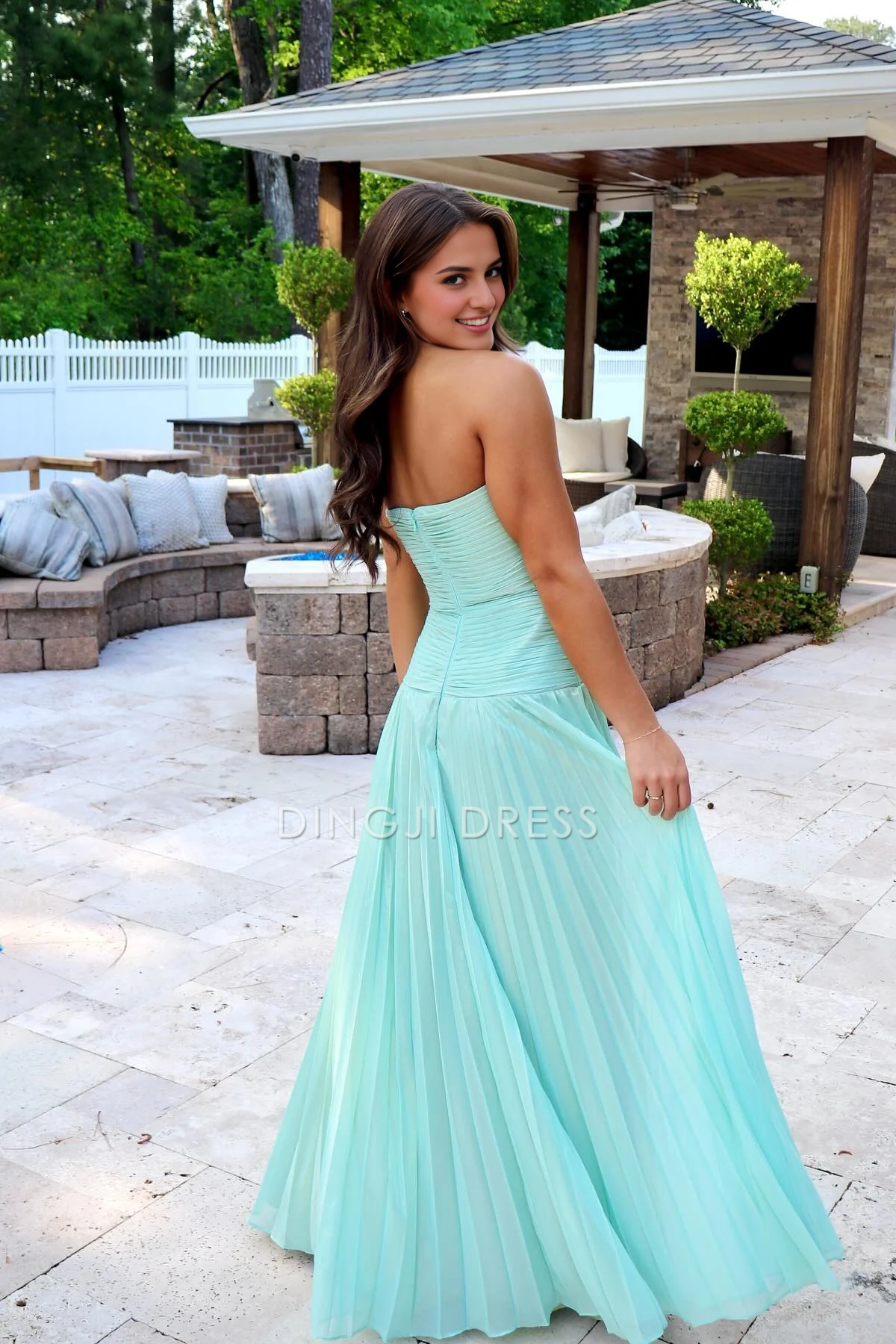 DingJiDress Stylish Sheath Strapless Sweetheart Long Pleated Satin with Slit Exquisite Prom Dress