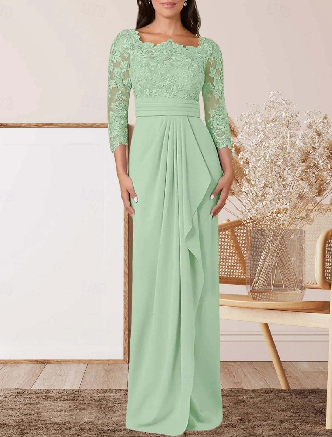 Sheath / Column Mother of the Bride Dress Wedding Guest Elegant Square Neck Floor Length Chiffon Lace 3/4 Length Sleeve with Lace Sash / Ribbon Pleats