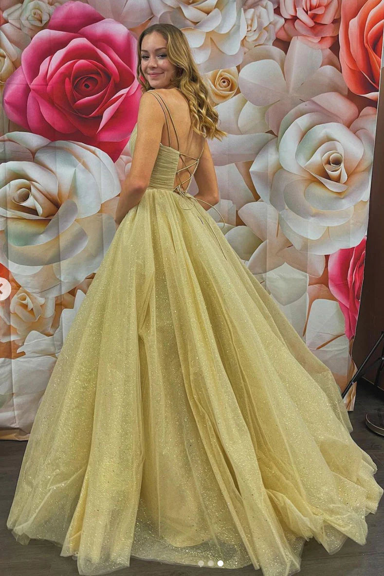 Gold v neck tulle long prom dress tulle formal dress