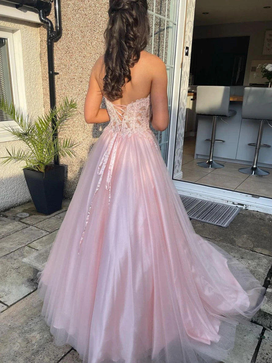 A-Line Sweetheart Neck Tulle Lace Long Prom Dress Pink Formal Evening Dress