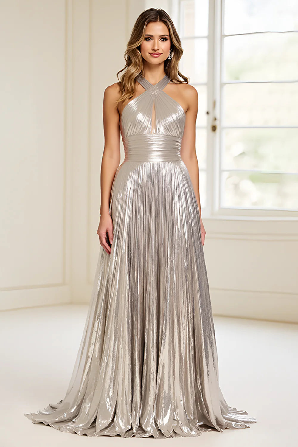 Silver pleated long hanging neck backless ball gown