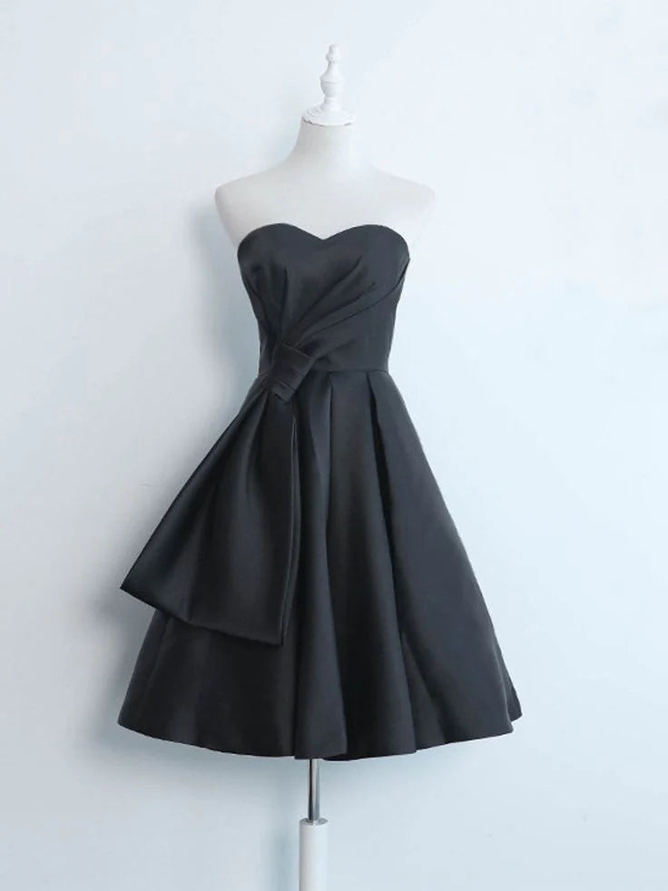 Minimalist satin black short ball dress back to school dress