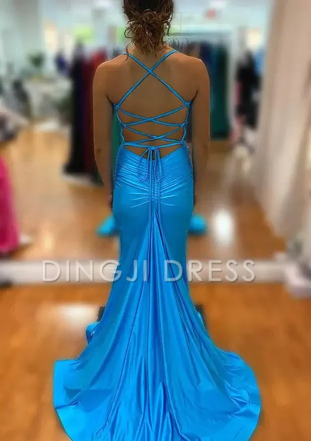DingJiDress Charming Mermaid V Neck Spaghetti Strap Satin Backless Side Fork Sexy Prom Dress