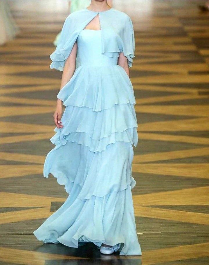 DingJiDress A Line Tiered Ruched Chiffon Flowing Romantic Elegant Prom Dress