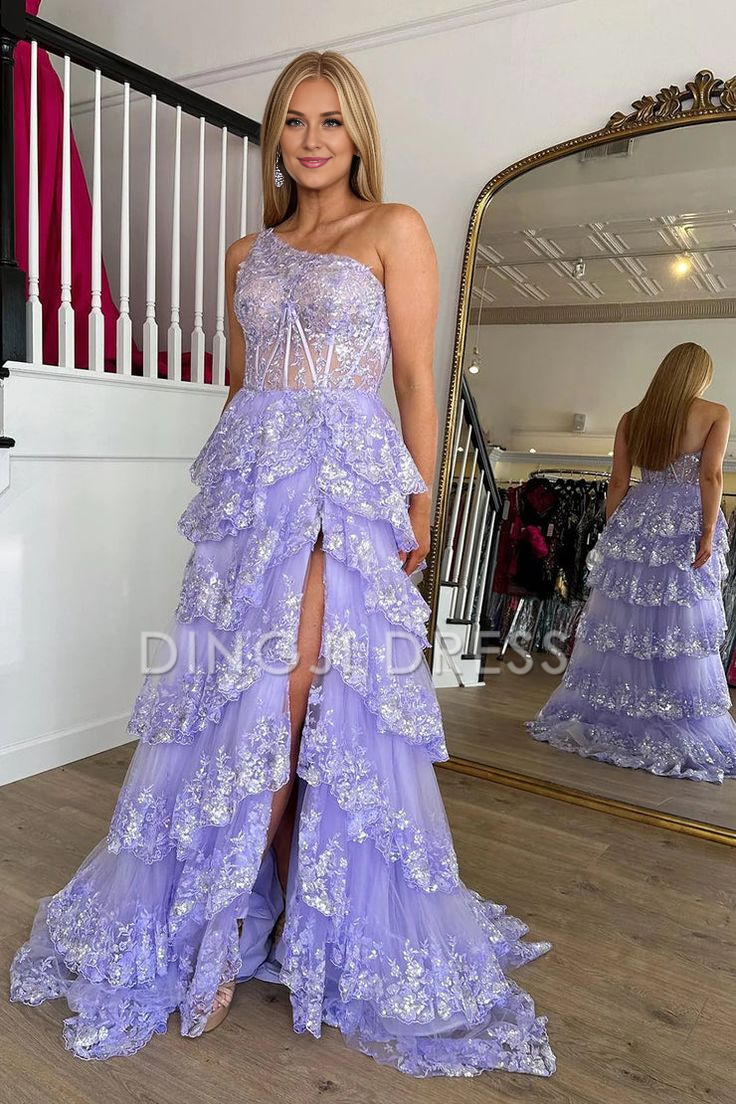 DingJiDress Mermaid One Shoulder Tulle Tiered Sequins Appliques High Quality Prom Dress