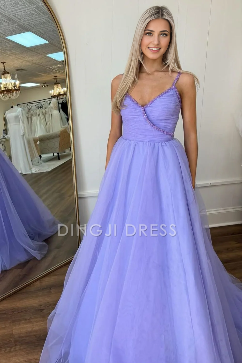 DingJiDress Princess A-Line V Neck Spaghetti Straps Long Tulle Elegant Prom Dress