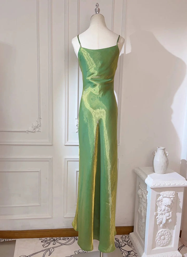 Pretty Green Straps Long Formal DressGreen Satin Party Dress Evening Dress