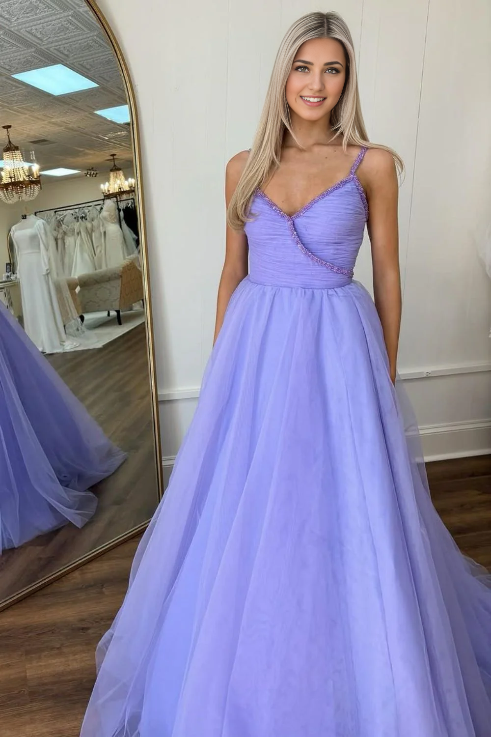 DingJiDress Princess A-Line V Neck Spaghetti Straps Long Tulle Elegant Prom Dress