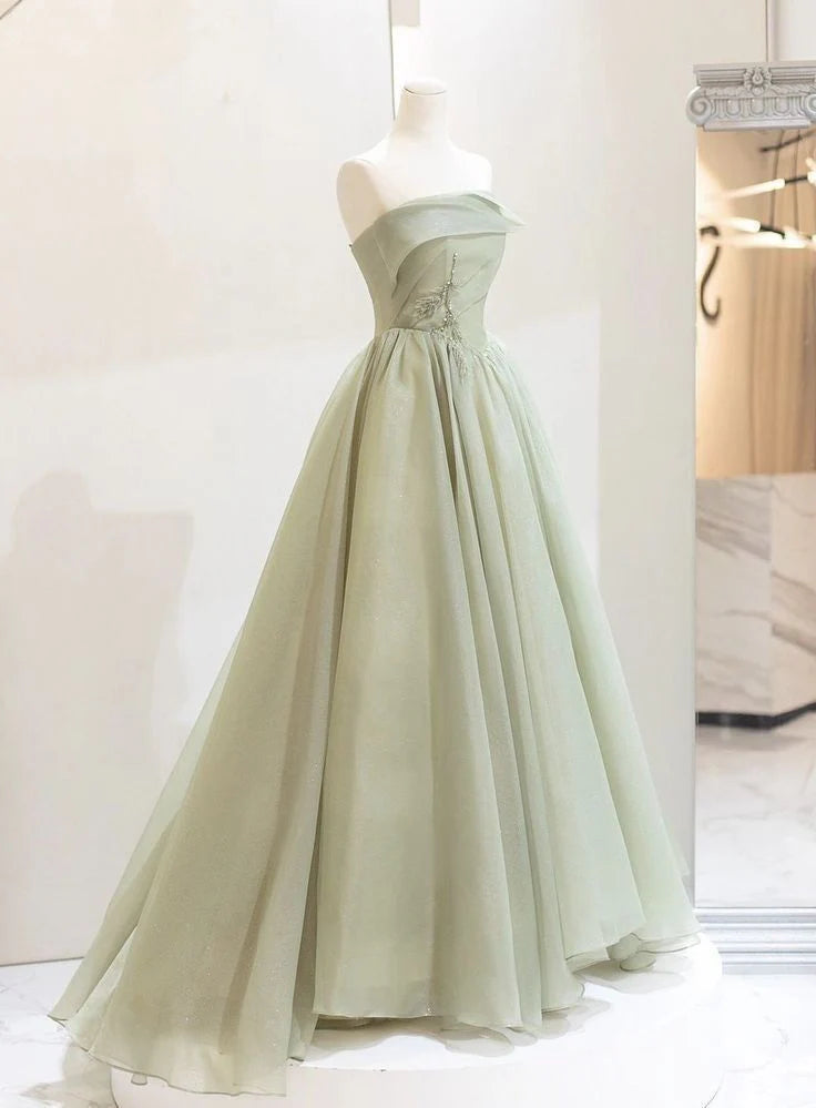 A-line Sage Green Tulle Long Prom Dress Strapless Formal Dress