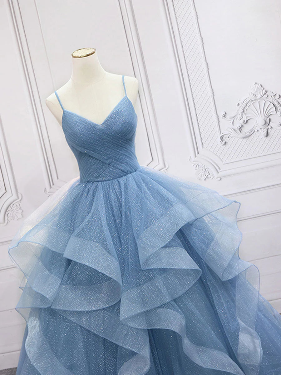 Blue tulle v neck sequin long prom dress blue sweet