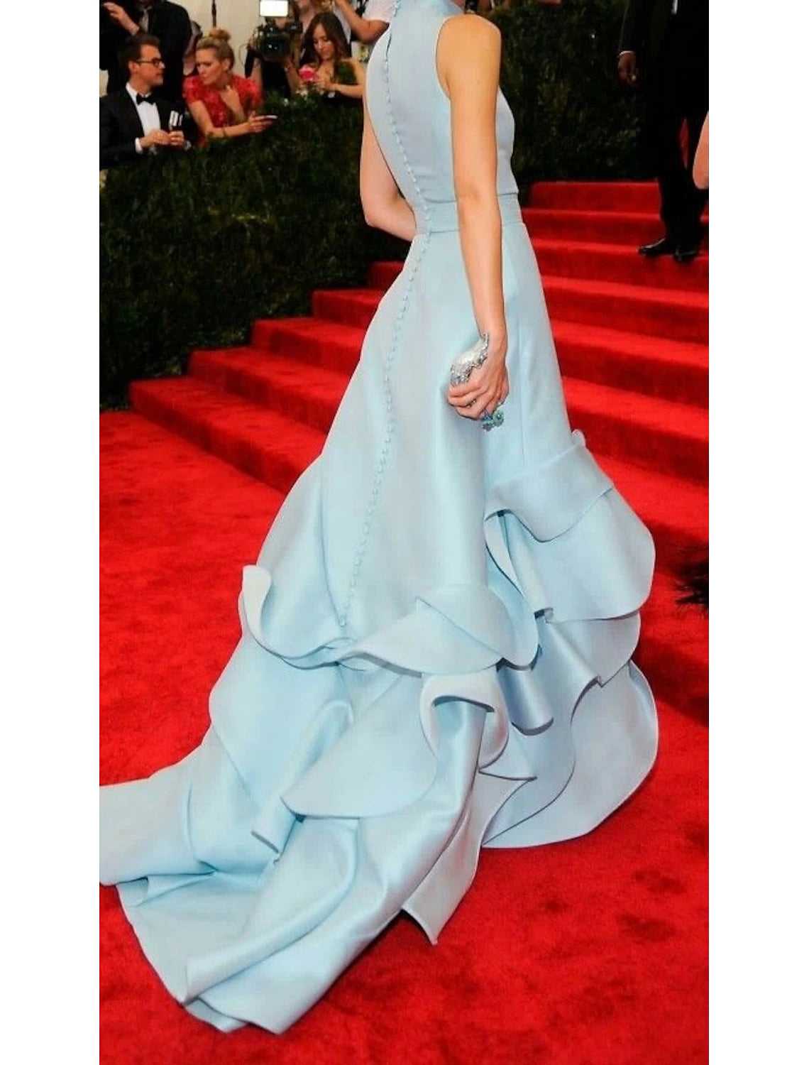 Blue Mermaid Trumpet Gala Dress Gown Red Carpet Dress Formal Dress Wedding Court Train Mock Neck Satin with Ruffles Covered Buttons