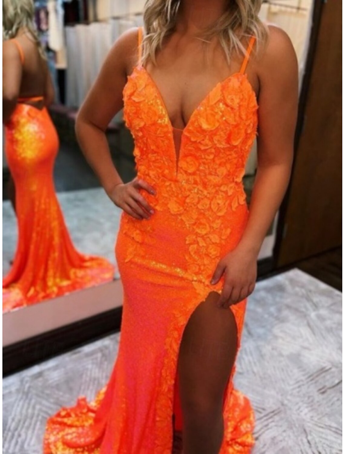 MermaidTrumpet Evening Gown Sparkle Dress Prom Birthday Court Train Sleeveless V Neck Sequined Backless V Back with Glitter Sequin Slit