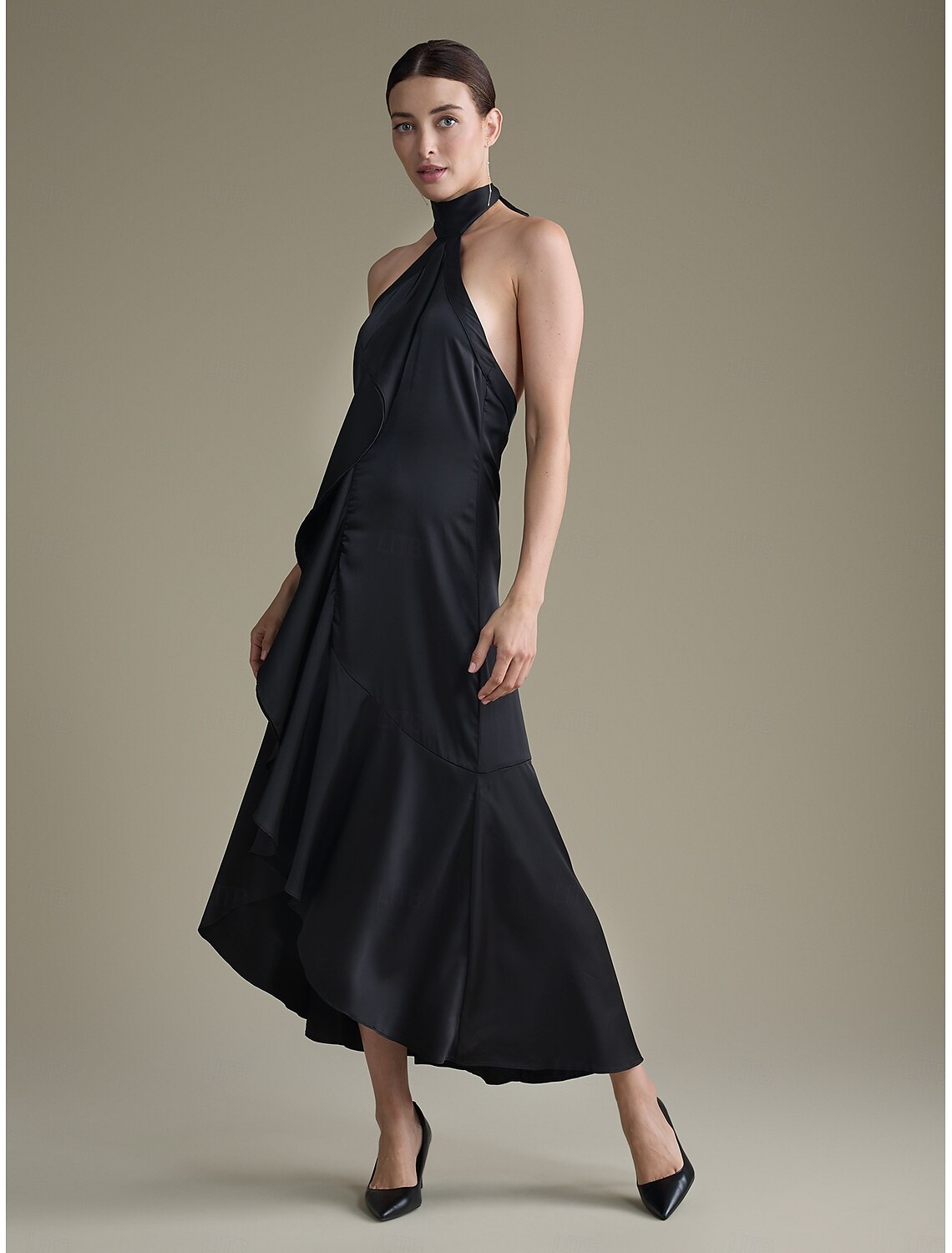 Satin Ruffle Halter Tie Back Sleeveless Elegant Party/Wedding Guest Dress dress to impress