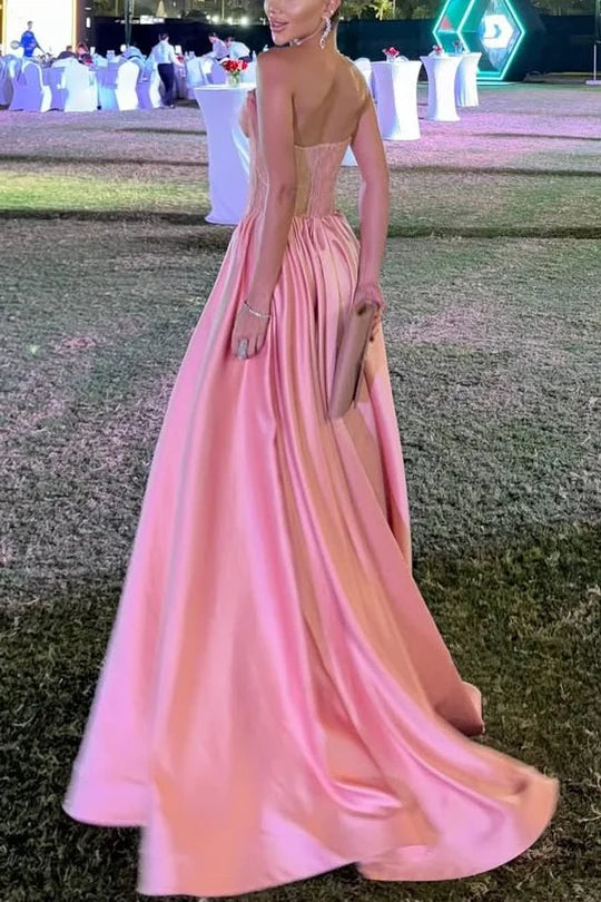 Pink Strapless Satin A-Line Empire-Waist Sleeveless Pleats Formal Prom Dress