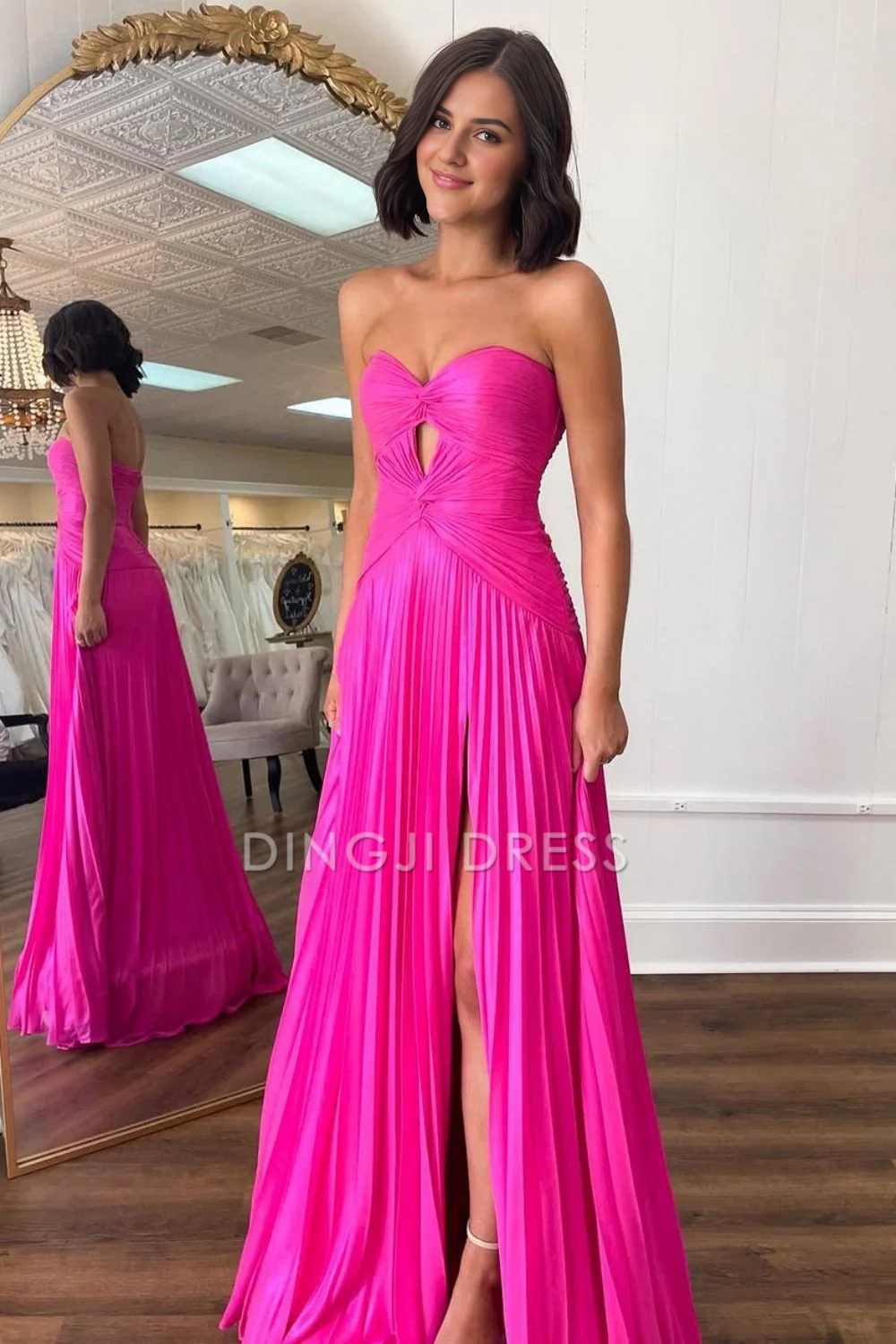 DingJiDress Stylish Sheath Strapless Sweetheart Long Pleated Satin with Slit Exquisite Prom Dress