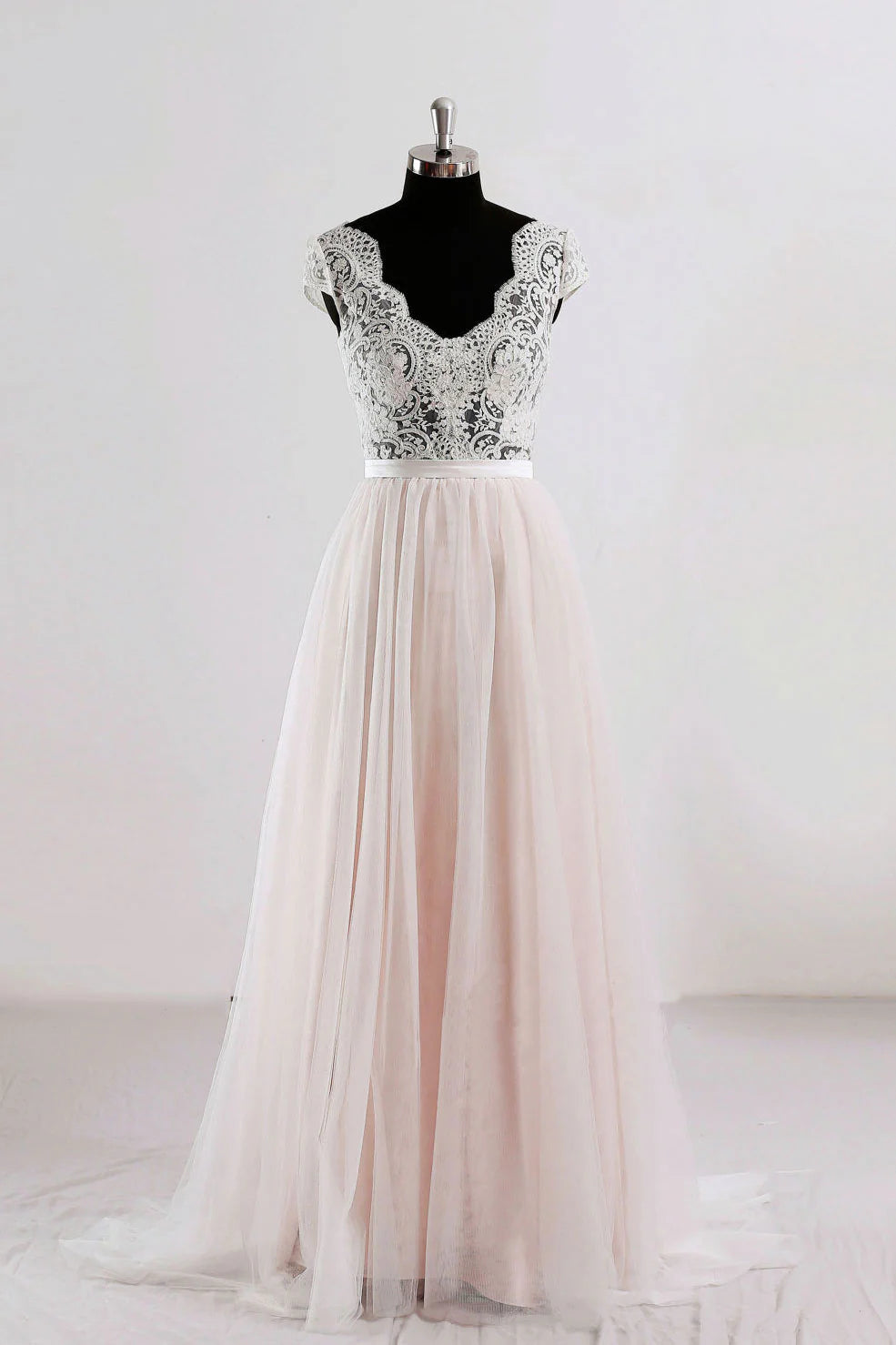 Pink v neck lace tulle long prom dress pink wedding dress ﻿