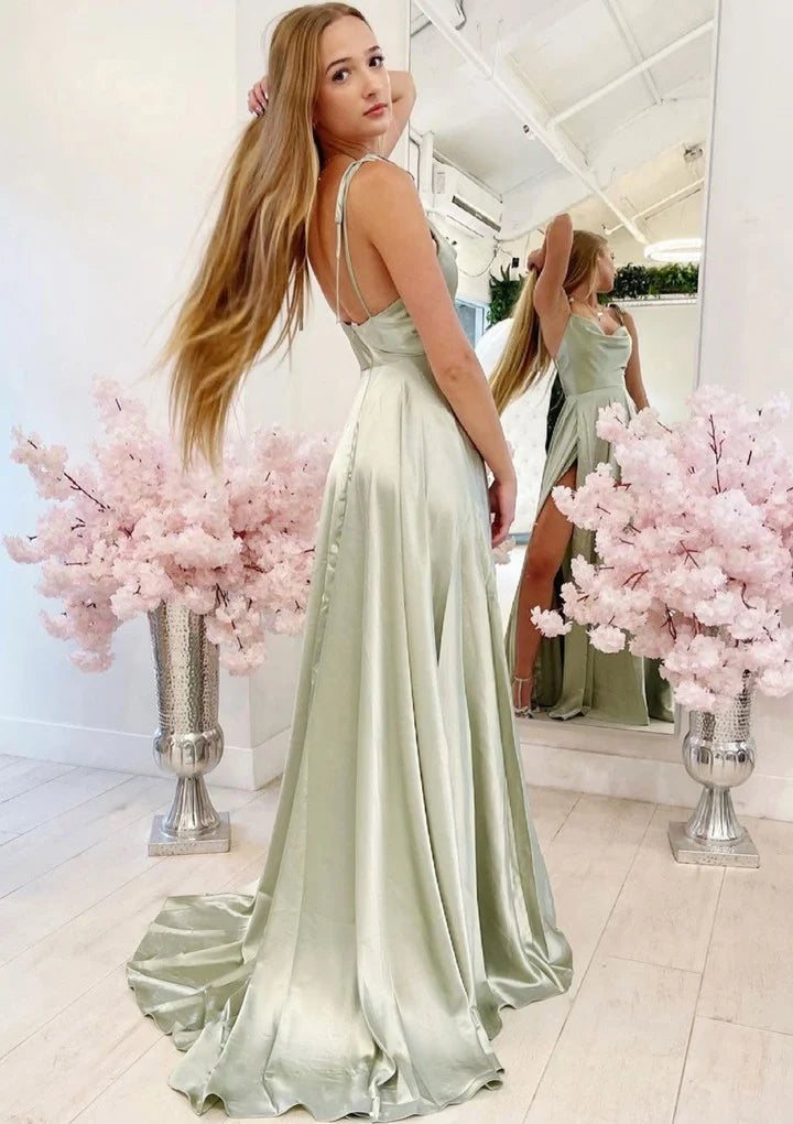 A-line Cowl Neck Long Light Green Prom DressLight Green Party Dress