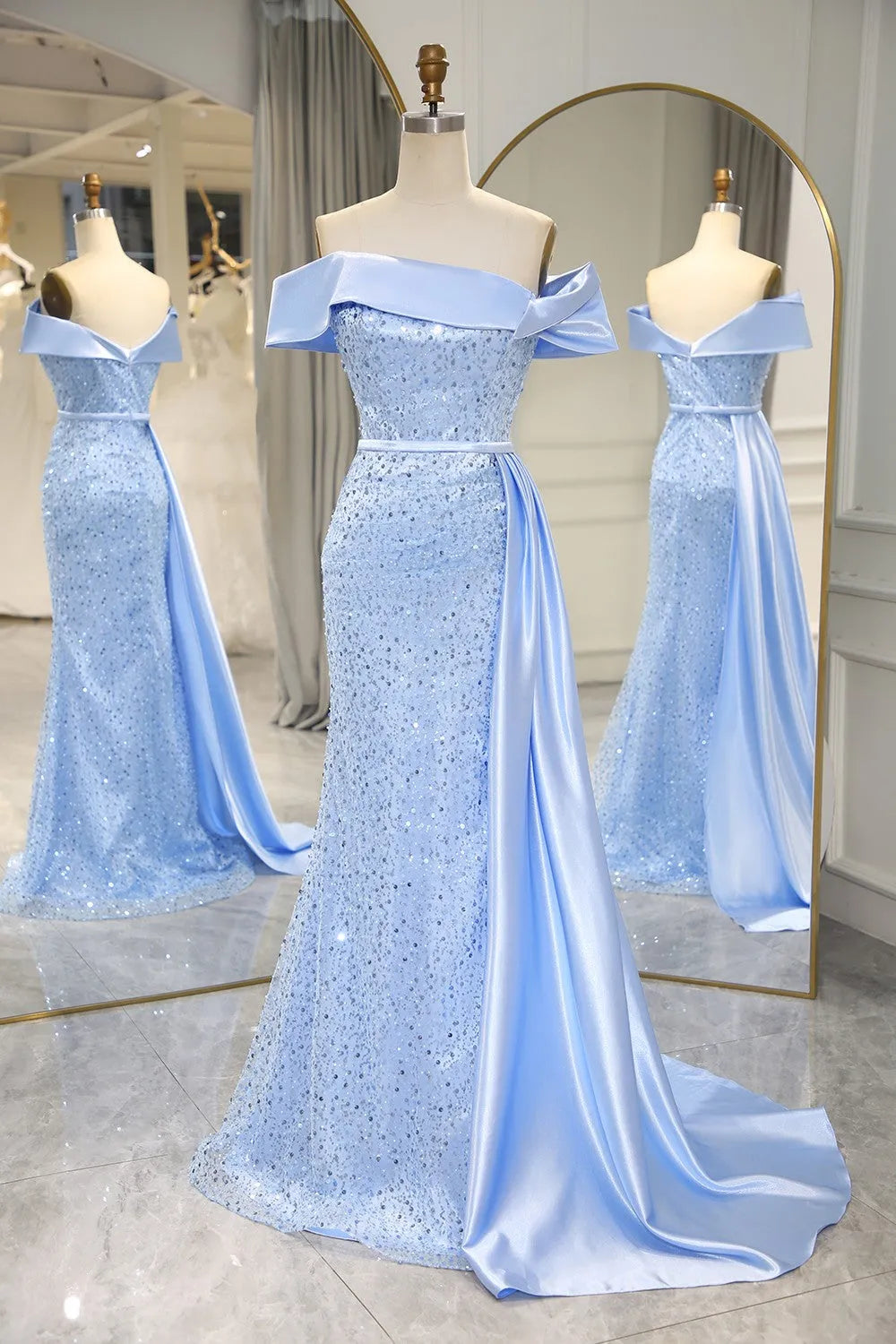 Blue sequin long off shoulder strapless mermaid party dress