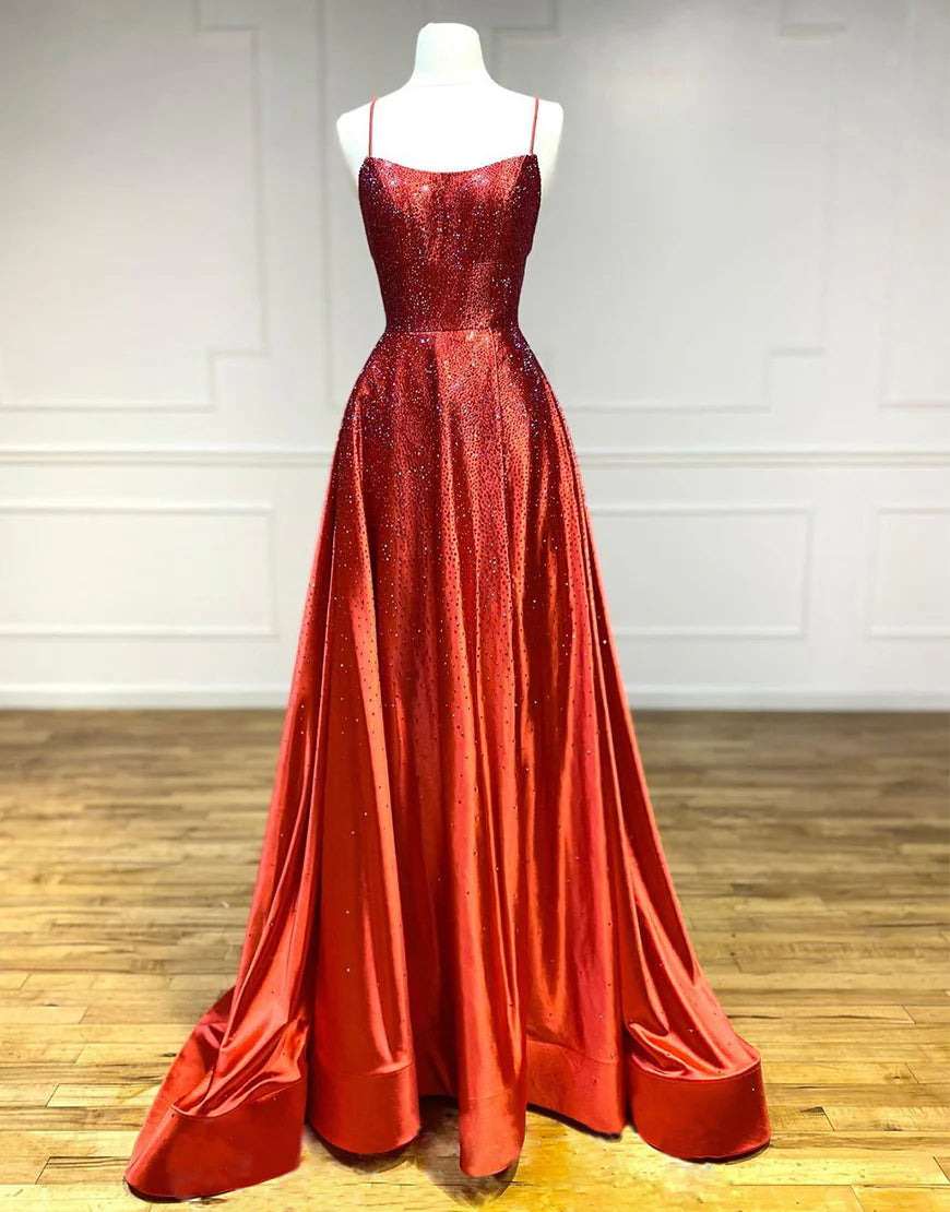 Red satin beaded thin shoulder strap long ball gown