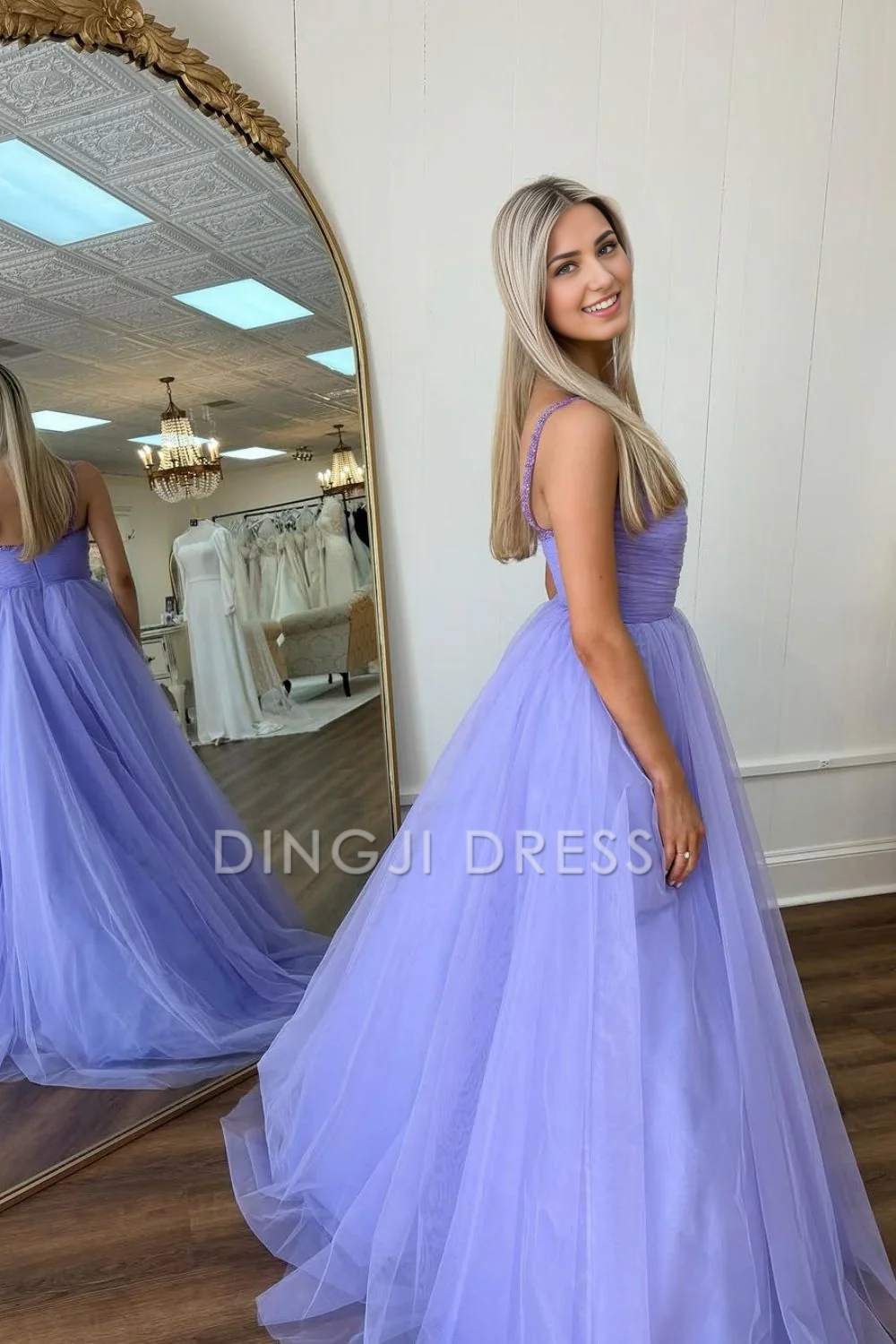 DingJiDress Princess A-Line V Neck Spaghetti Straps Long Tulle Elegant Prom Dress