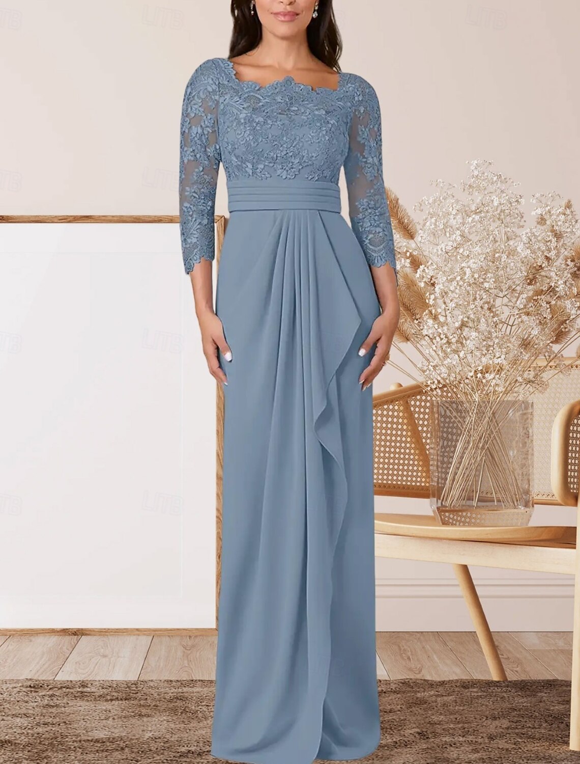 Sheath / Column Mother of the Bride Dress Wedding Guest Elegant Square Neck Floor Length Chiffon Lace 3/4 Length Sleeve with Lace Sash / Ribbon Pleats