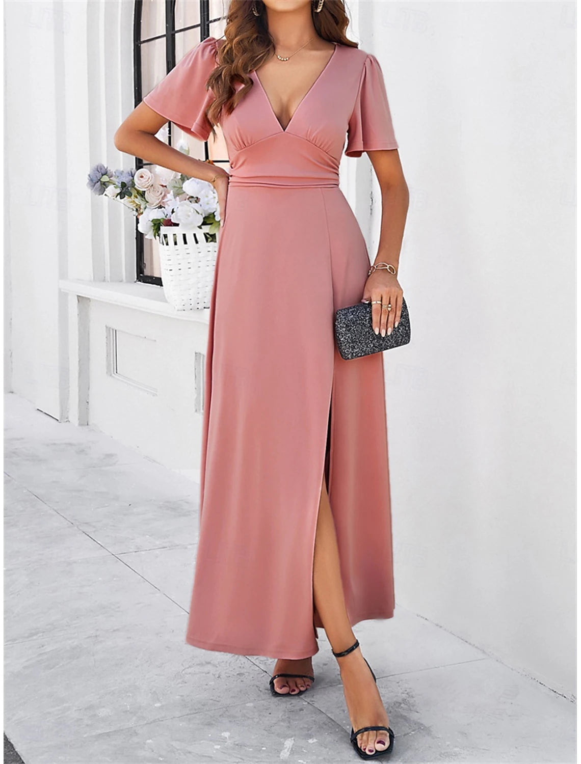 Women's Maxi Dress Corset Dress A Line Dress Solid Color Work Dresses Party Semi Formal Formal Party Work Regular Fit Graphic Short Sleeve V Neck Black Pink Wine Army Green Summer