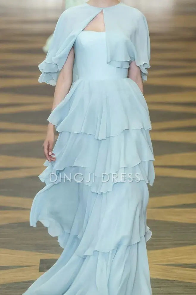 DingJiDress A Line Tiered Ruched Chiffon Flowing Romantic Elegant Prom Dress