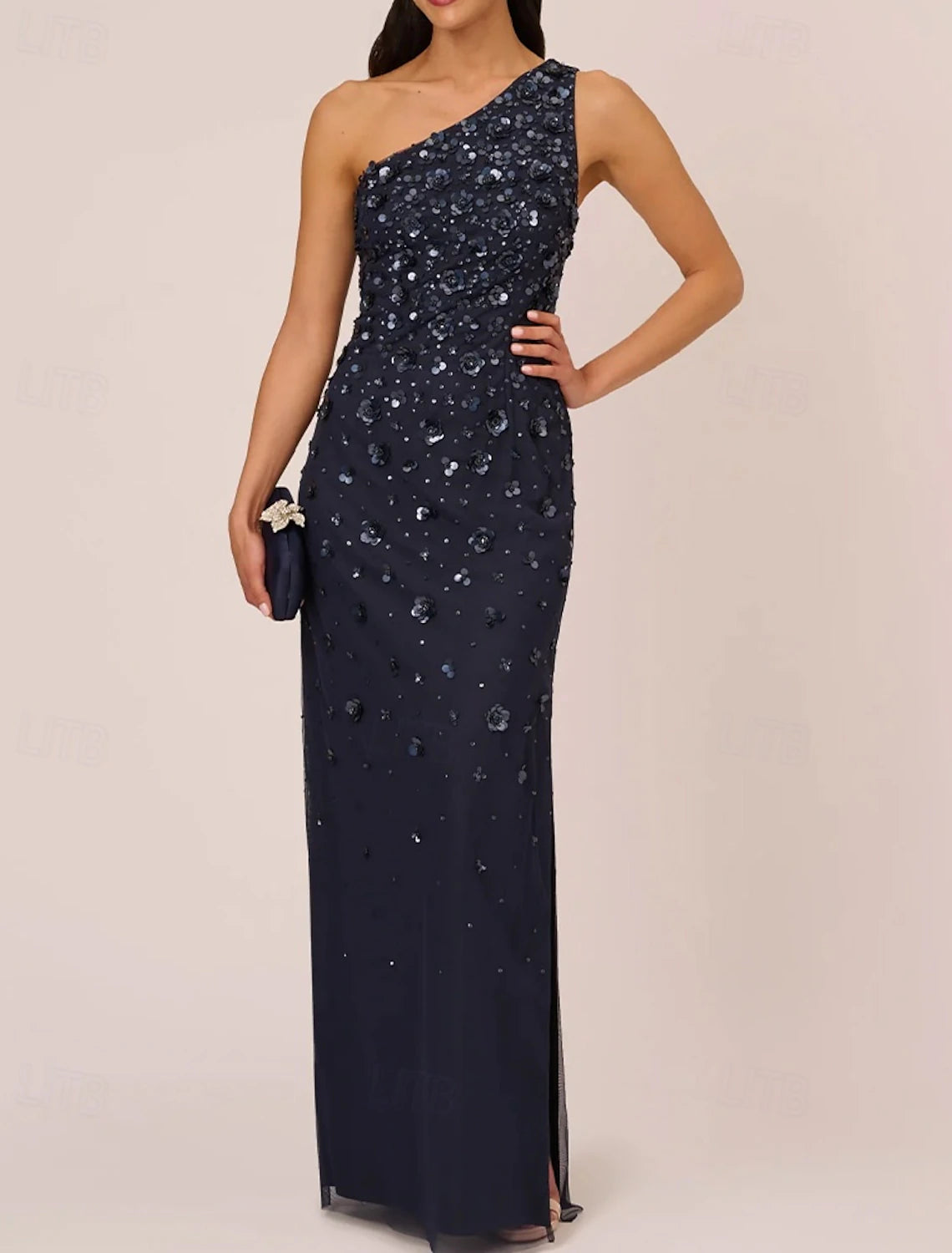 Sheath Column Beaded Gown Celebrity Style Dress Formal Wedding Guest Floor Length Sleeveless One Shoulder Chiffon with Flowers Beading Sequin Slit