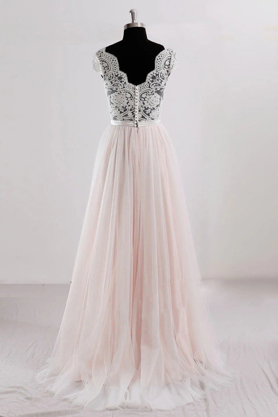 Pink v neck lace tulle long prom dress pink wedding dress ﻿