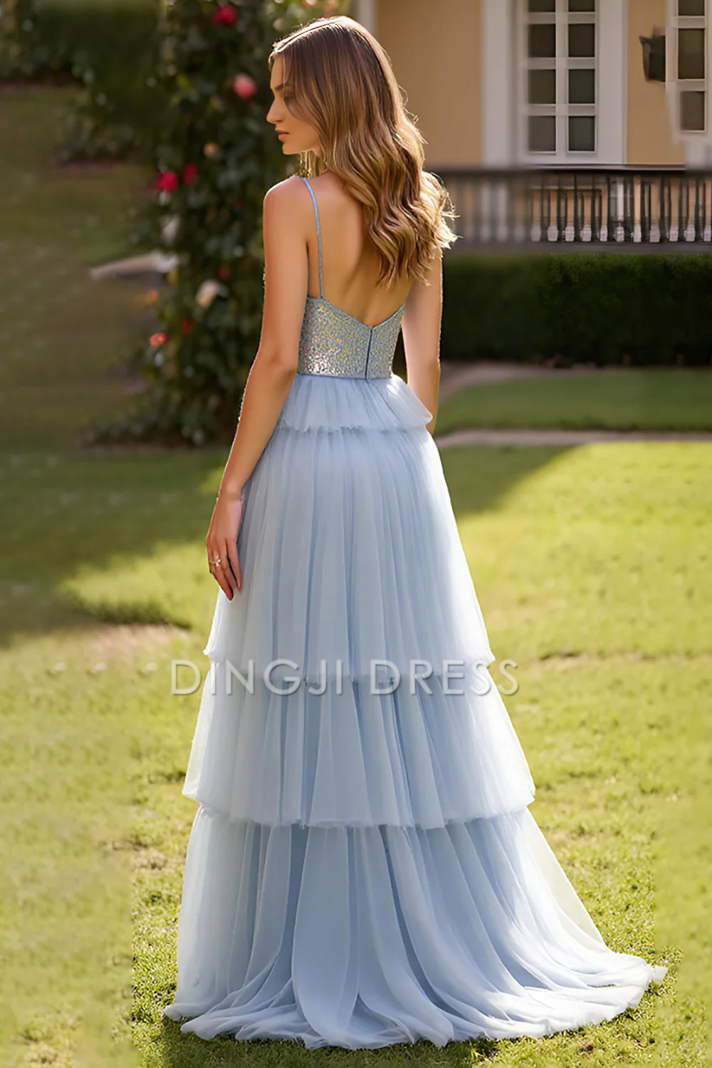 DingJiDress High Quality Dress A Line Sweetheart Spaghetti Strap Backless Tulle Ruched Tiers Fashion Long With Slit Prom Dress