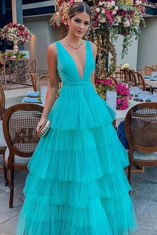 Classy A-Line Deep V-Neck Layered Tulle Empire-Waist Long Prom Dress