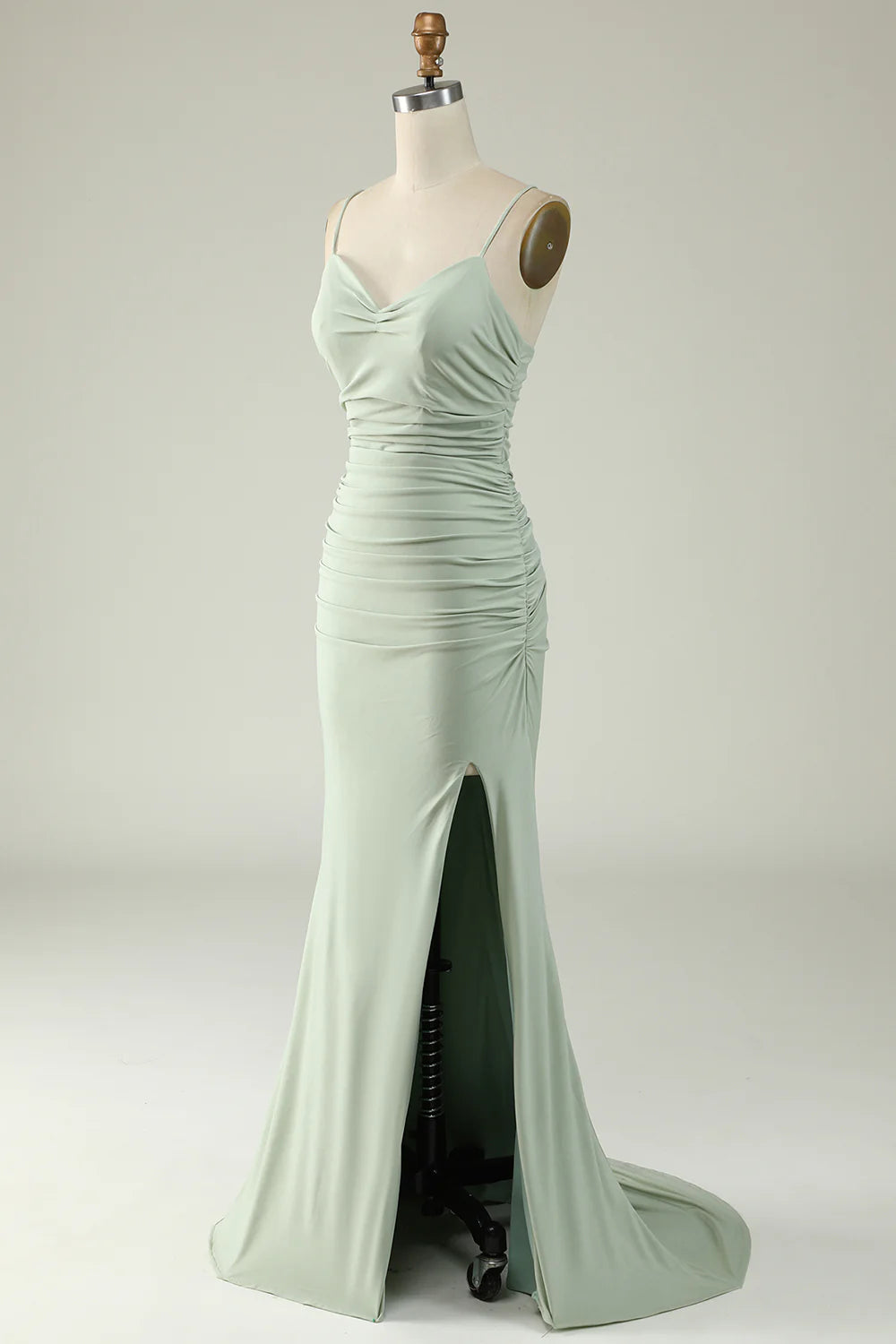 Grey long elegant suspender slit ball gown