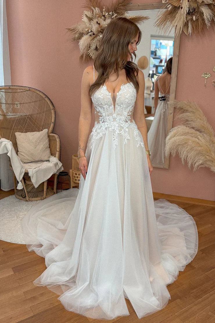 Fairy A Line V Neck Tulle Wedding Dresses