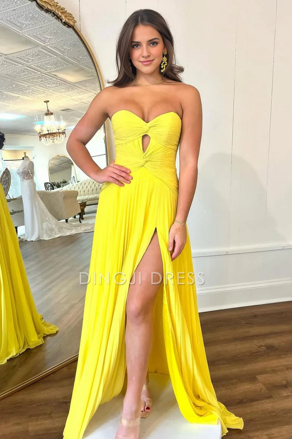 DingJiDress Stylish Sheath Strapless Sweetheart Long Pleated Satin with Slit Exquisite Prom Dress