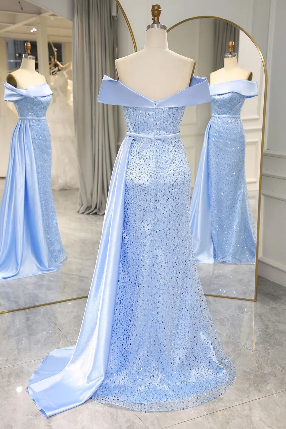 Blue sequin long off shoulder strapless mermaid party dress