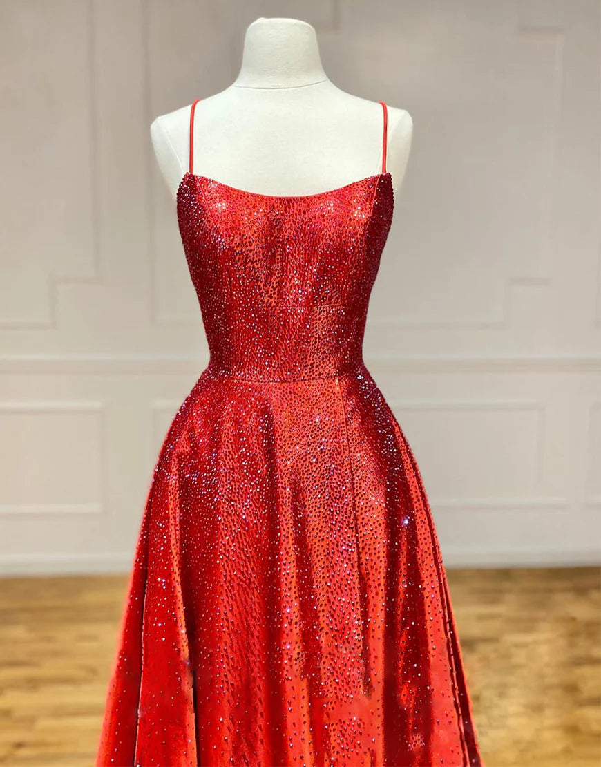 Red satin beaded thin shoulder strap long ball gown