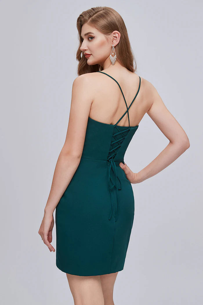 Chic V Neck Spaghetti Strap Lace Up Short Homecoming Dresses ﻿