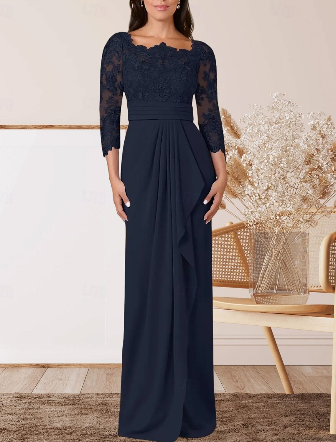 Sheath / Column Mother of the Bride Dress Wedding Guest Elegant Square Neck Floor Length Chiffon Lace 3/4 Length Sleeve with Lace Sash / Ribbon Pleats