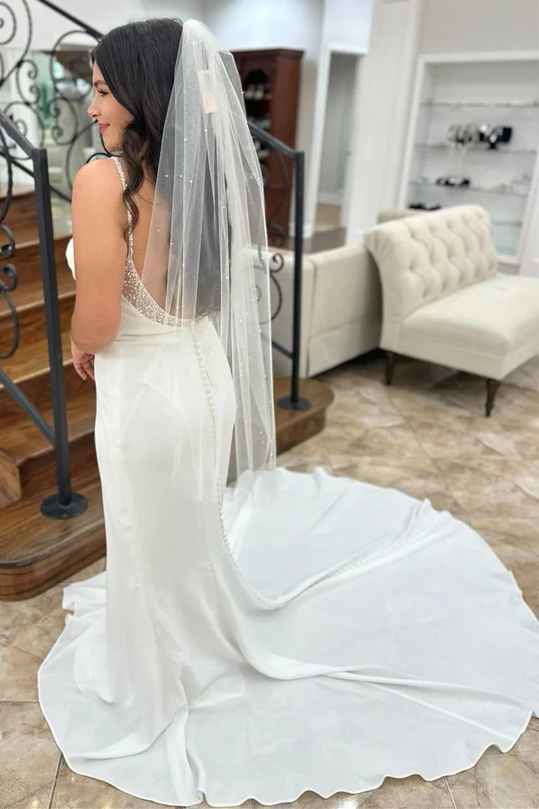 White Beaded Cowl Neck Backless Long Wedding Dress