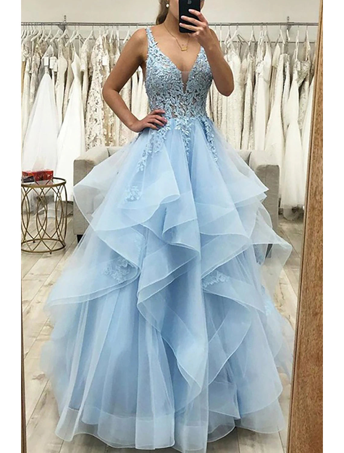Ball Gown A-Line Prom Dresses Princess Dress Formal Wedding Guest Floor Length Sleeveless V Neck Tulle Backless with Pleats Ruched Appliques Masquerade Dress