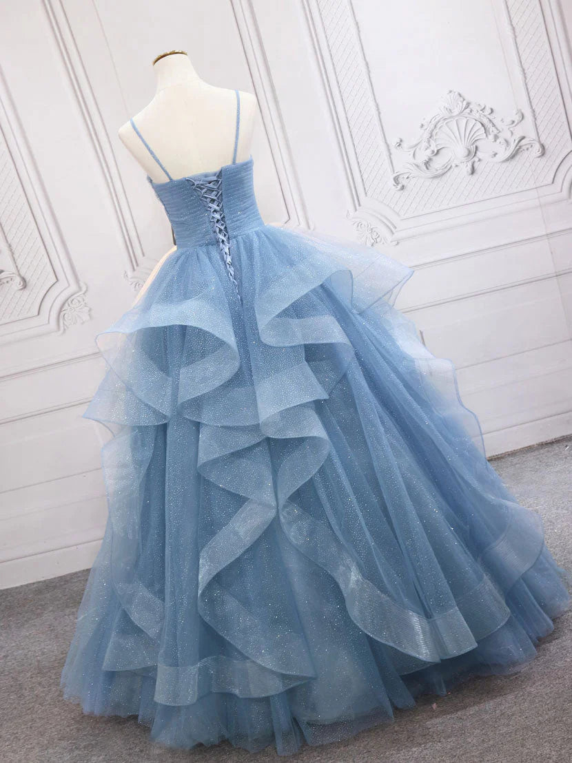 Blue tulle v neck sequin long prom dress blue sweet
