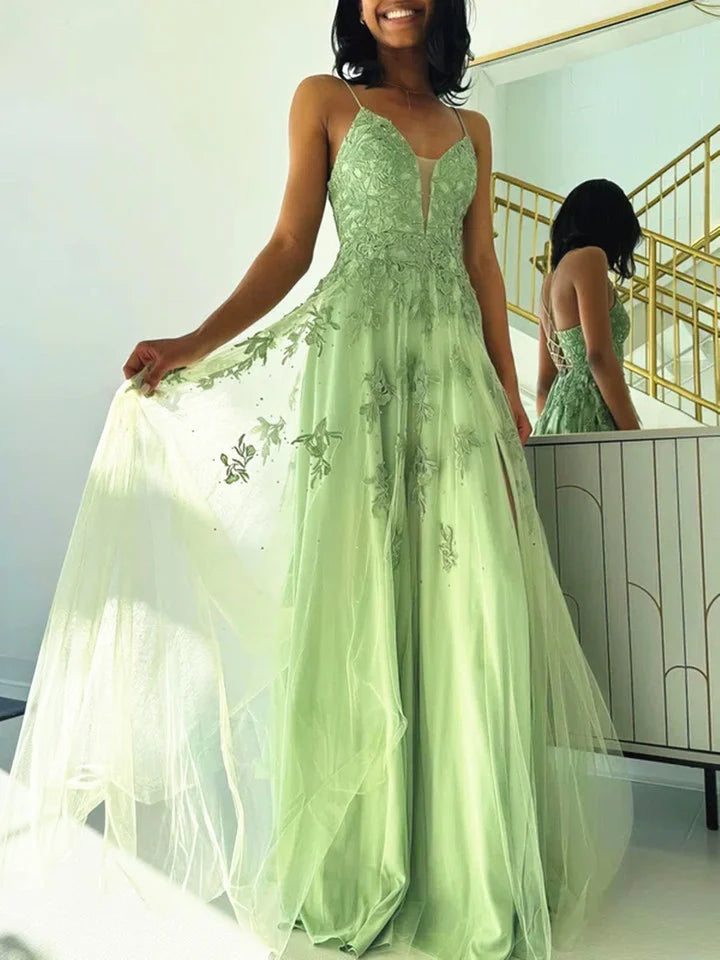 A-line Green Tulle with Lace Applique Prom DressGreen Tulle Party Dress