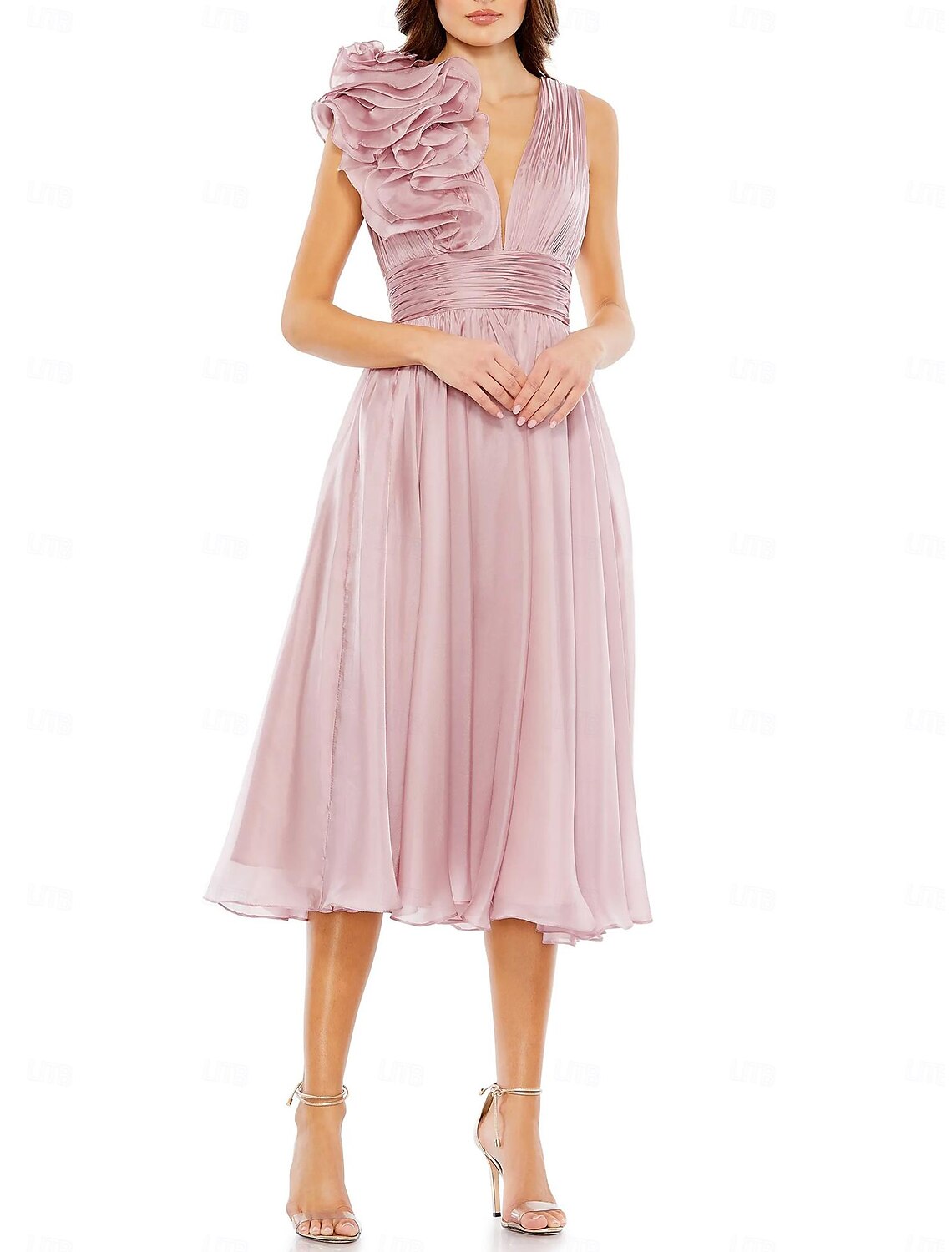 A-Line Wedding Guest Dresses Elegant Dress Formal Cocktail Party Tea Length Sleeveless V Neck with Ruched Appliques