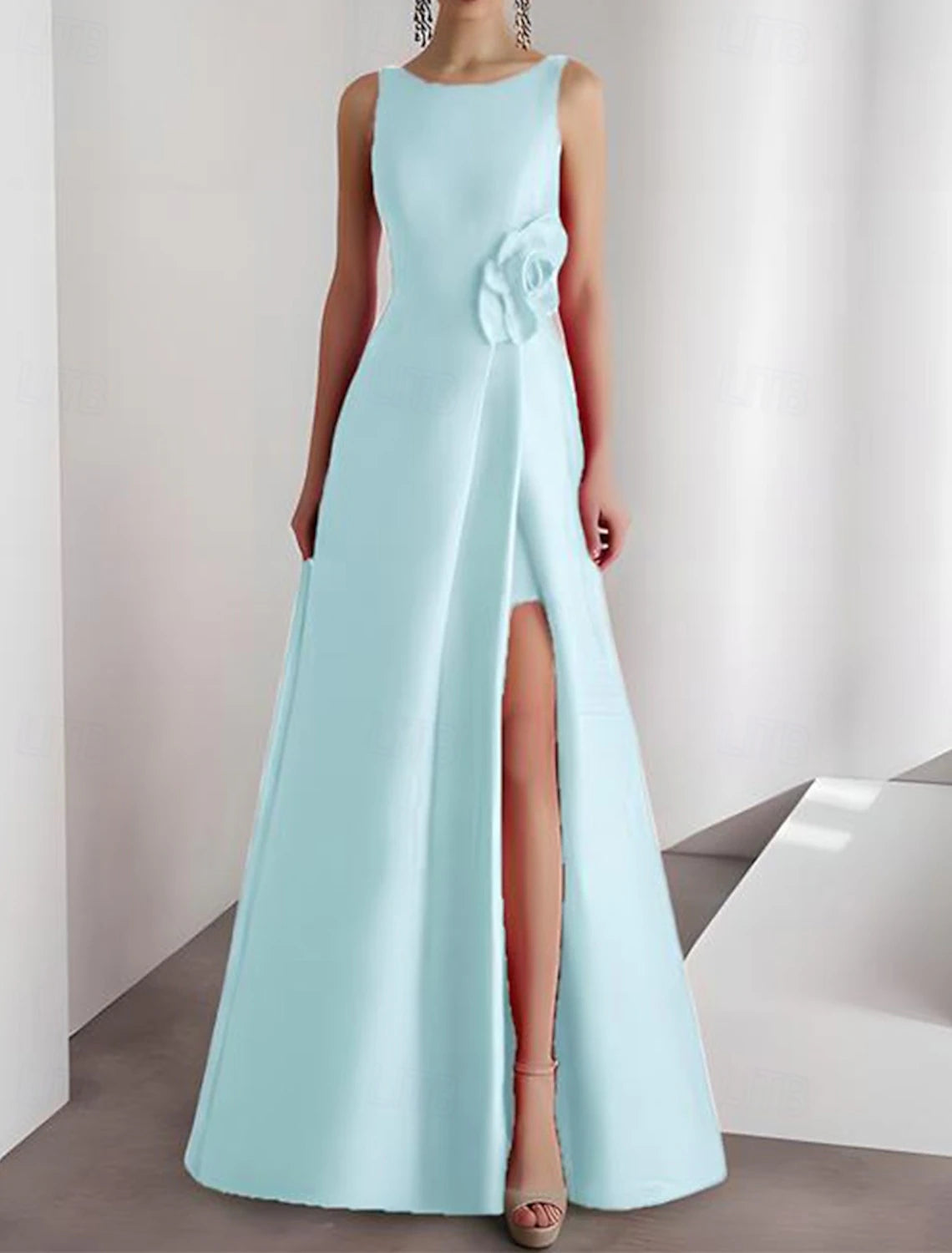 A-Line Evening Gown Elegant Dress Formal Wedding Floor Length Sleeveless Crew Neck Satin with Slit 3D Flower