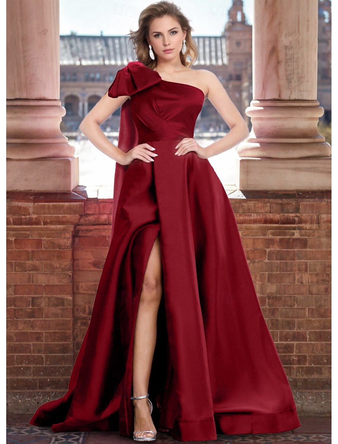 A-Line Evening Gown Elegant Dress Formal Floor Length Sleeveless One Shoulder Satin with Shouder Flower
